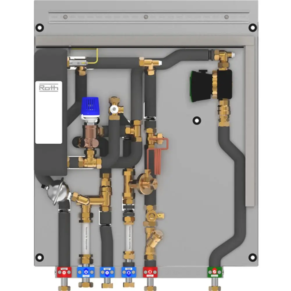Roth-Wohnungsstation mit verschiedenen Ventilen und Rohren für Heizungs- oder Warmwassersysteme, montiert auf einer grauen Rückwand.